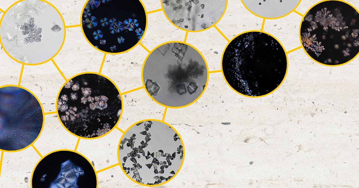 A collage of microscope images showcasing various calcium carbonate crystal structures on a light textured background..