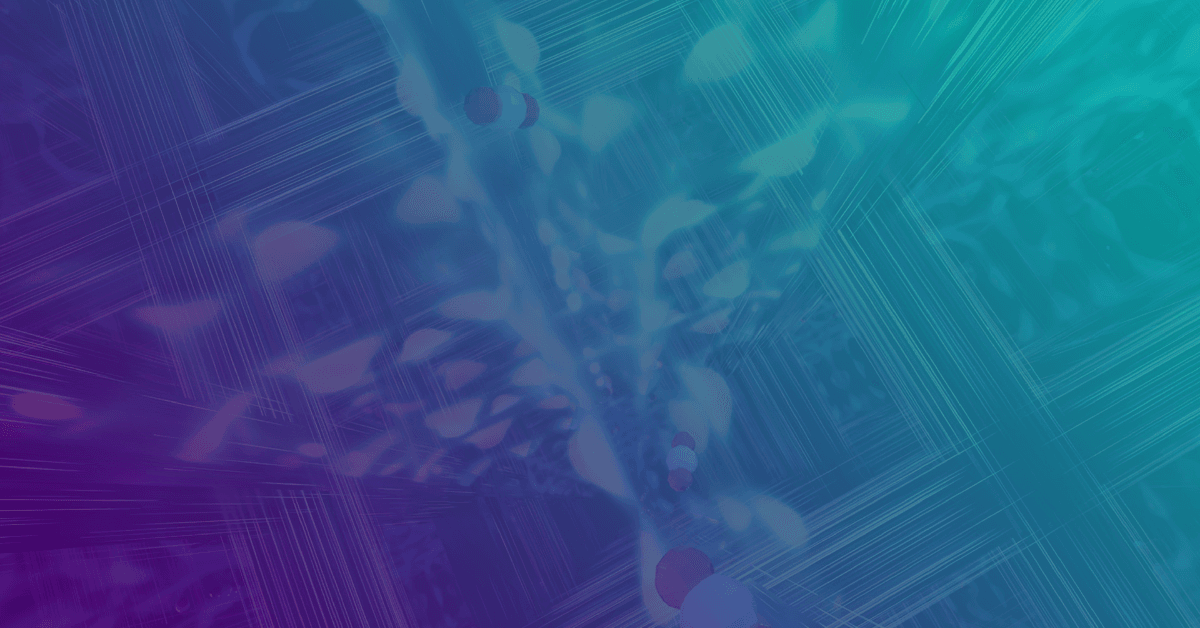 Abstract image featuring overlapping blue and purple hues with molecular structures and linear patterns, creating a scientific aesthetic.