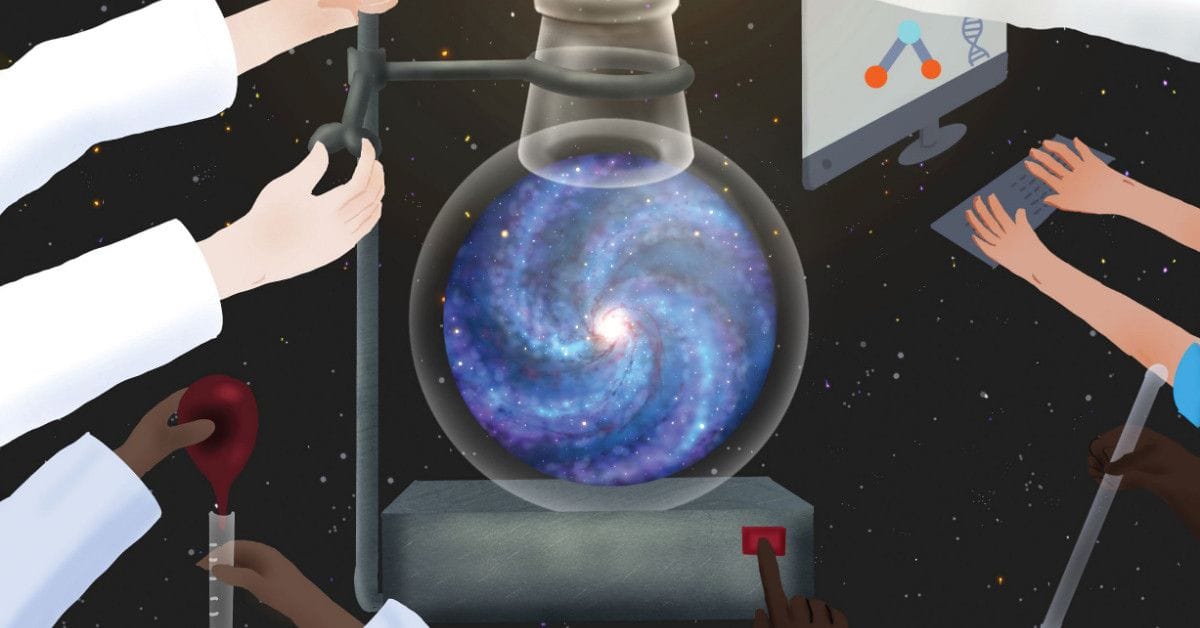 An illustration showing several scientists’ hands operating laboratory equipment around a round-bottom flask that contains a swirling galaxy, with a starry space background and a computer screen displaying a molecular diagram.