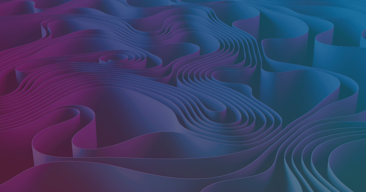 Layered, flowing curves in a purple-to-blue gradient forming an abstract wave-like pattern.
