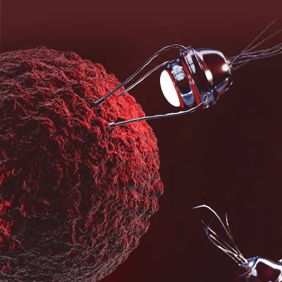 An image of a metallic device with wires approaching a textured red sphere, resembling a cell, against a dark background.