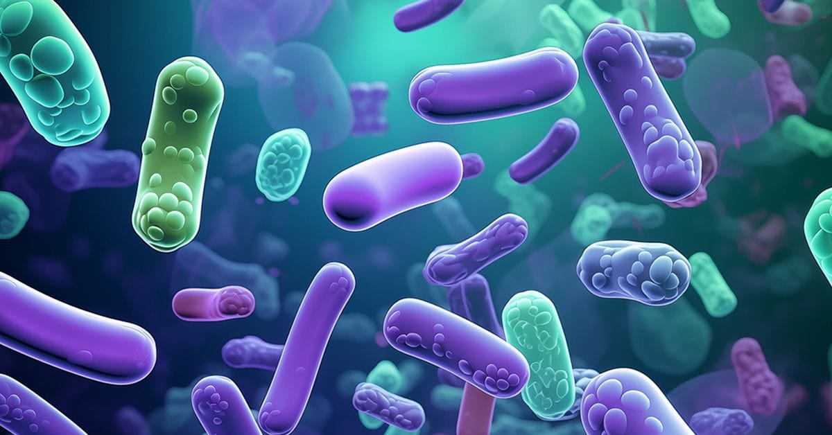 Close‑up digital illustration of floating rod‑shaped microorganisms, rendered in purple and green with a soft, glowing, microscopic style.
