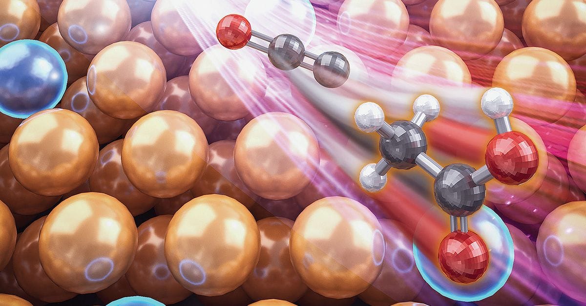 Illustration of molecules interacting over a lattice of golden and silver spheres, representing a chemical reaction process.