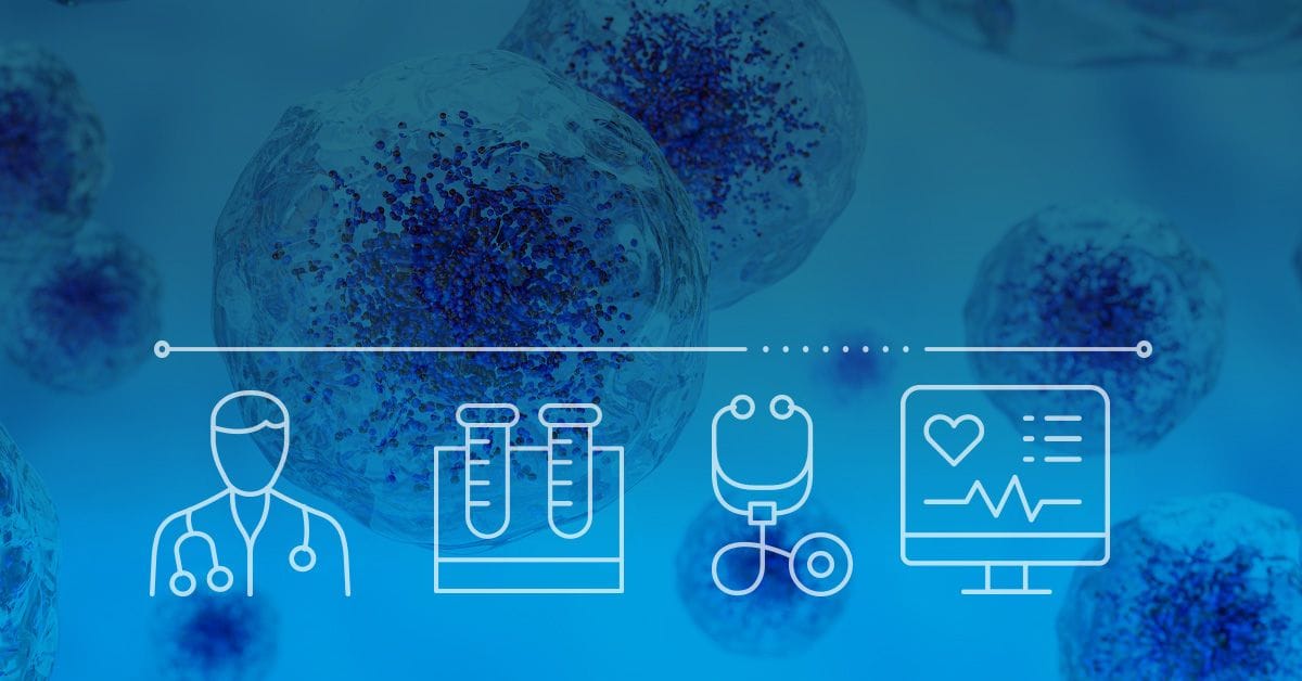 Illustration depicting medical icons: a doctor, test tubes, a stethoscope, and a computer with health data, overlaid on a blurred background of cells or biological samples.