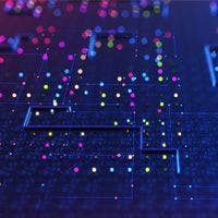 Close-up of a circuit board with illuminated pathways and colorful nodes.