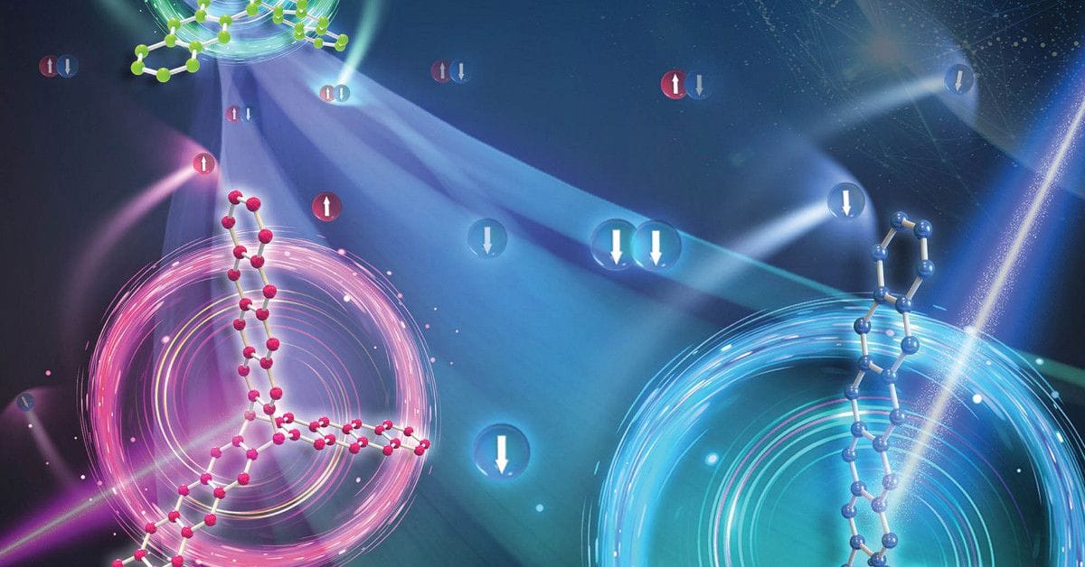 Abstract scientific artwork of colorful molecules with electron spin symbols on a dark blue background.