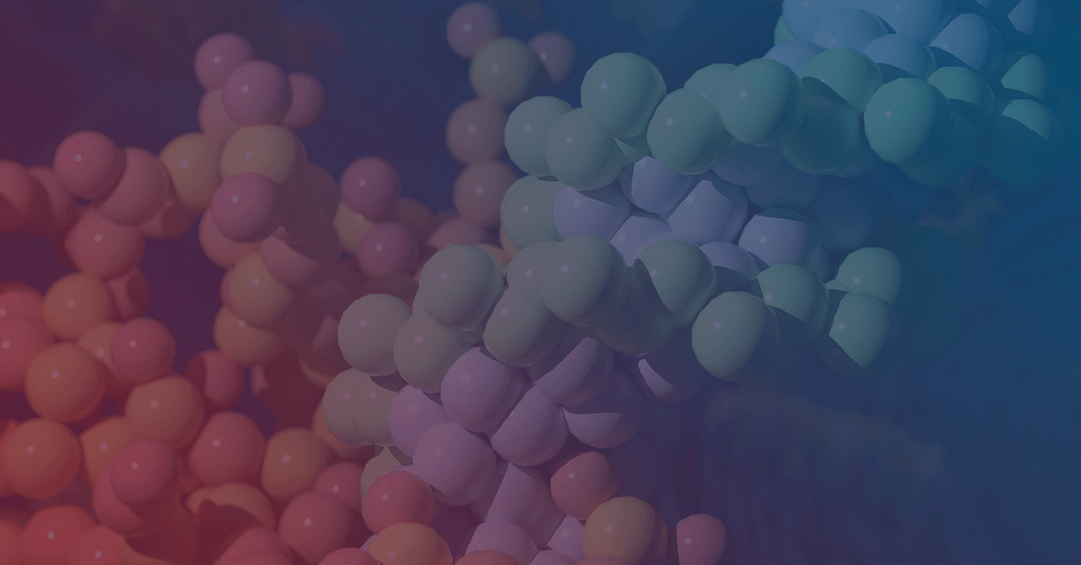 A Colorful 3D molecular representation featuring clusters of spherical atoms in shades of pink, blue, and green against a dark background.