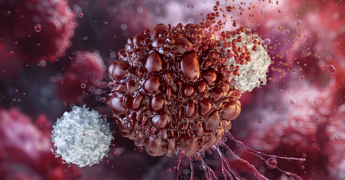 Close-up of a cancer cell surrounded by immune cells and fluid, illustrating the complex interactions in the immune response.