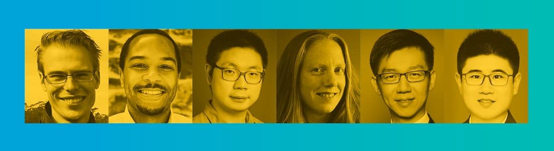 A group of six people, each in a separate yellow-tinted portrait, with a gradient blue background.
