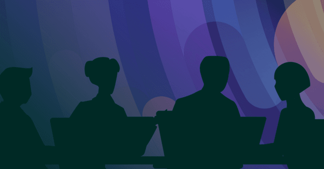 Silhouetted figures sitting at a table using laptops, with a gradient blue and purple background.