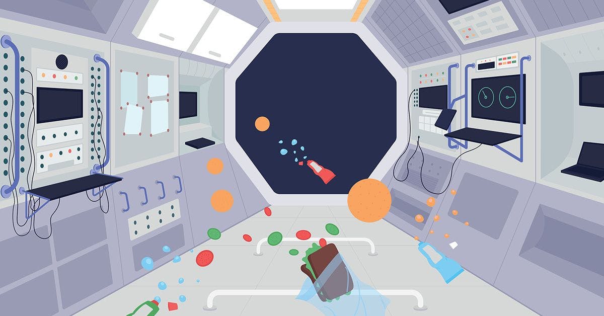 Illustration of a spacecraft interior with a view of outer space from the window, depicting a zero-gravity environment with various objects floating around the cabin.