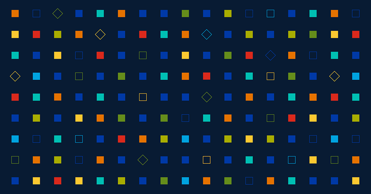 Colorful squares on a dark blue background.