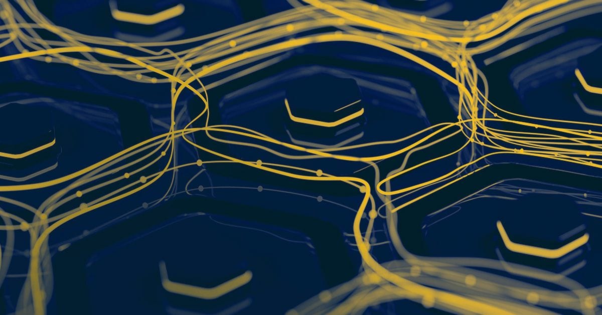 Abstract illustration of interconnected positive battery terminals with glowing yellow lines on a dark background.