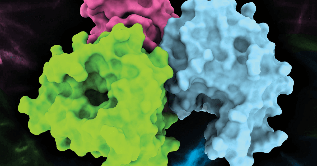 Three blob-like molecular surface structures in green, blue, and pink with visible cavities, set against a dark, abstract background.